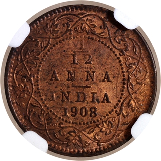 Scarce NGC MS 63 RB Graded Bronze One Twelfth Anna Coin of King Edward VII of Calcutta Mint of 1908.