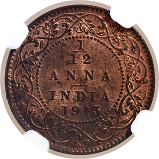 Scarce NGC MS 63 RB Graded Bronze One Twelfth Anna Coin of King George V of Calcutta Mint of 1913.