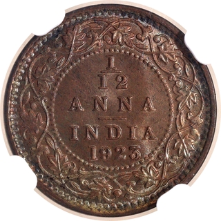 Very Rare Top Pop NGC MS 65 BN Graded Bronze One Twelfth Anna Coin of King George V of Calcutta Mint of 1923.