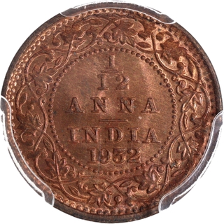 Rare PCGS MS 66 RD Graded Bronze One Twelfth Anna Coin of King George V of Calcutta Mint of 1932.