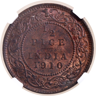 Scarce NGC MS 63 RB Graded Bronze Half Pice Coin of King Edward VII of Calcutta Mint of 1910.