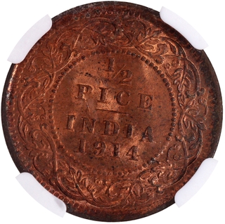 Very Rare Top Pop NGC MS 65 RB Graded Bronze Half Pice Coin of King George V of Calcutta Mint of 1914.