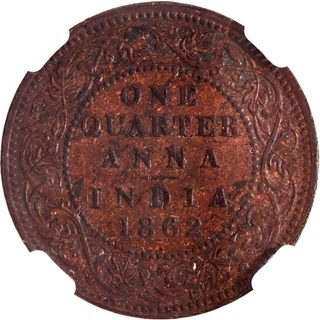 Rare NGC MS 61 BN Graded Copper One Quarter Anna Coin of Victoria Queen of Bombay Mint of 1862.