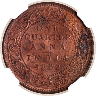 Rare NGC MS 63 RB Graded Copper One Quarter Anna Coin of Victoria Queen of Calcutta Mint of 1862.