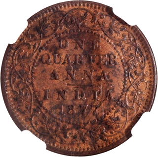 Extremely Rare NGC AU 58 BN Graded Copper One Quarter Anna Coin of Victoria Empress of Calcutta Mint of 1877.