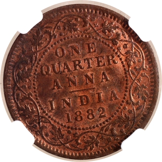 Rare NGC MS 63 RB Graded Copper One Quarter Anna Coin of Victoria Empress of Calcutta Mint of 1882.