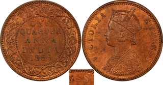 Extremely Rare PCGS MS 63 RB Graded Copper One Quarter Anna Coin of Victoria Empress of Bombay Mint of 1889.