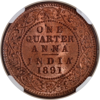 Rare NGC MS 64 RD Graded Copper One Quarter Anna Coin of Victoria Empress of Calcutta Mint of 1891.