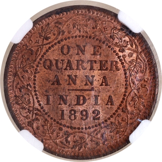 Rare NGC MS 63 RB Graded Copper One Quarter Anna Coin of Victoria Empress of Calcutta Mint of 1892.