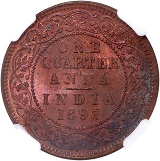 Rare NGC MS 64 RB Copper One Quarter Anna Coin of Victoria Empress of Calcutta Mint of 1893.