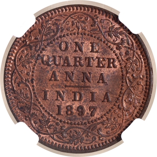 Very Scarce NGC MS 62 RB Graded Copper One Quarter Anna Coin of Victoria Empress of Calcutta Mint of 1897.