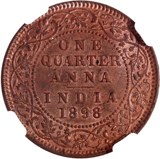 Extremely Rare NGC MS 63 BN Graded Copper One Quarter Anna Coin of Calcutta Mint of 1898.