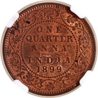 Scarce NGC MS 62 RB Graded Copper One Quarter Anna Coin of Victoria Empress of Calcutta Mint of 1899.