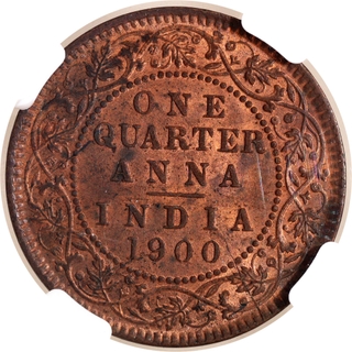 Scarce NGC MS 63 RB Graded Copper One Quarter Anna Coin of Victoria Empress of Calcutta Mint of 1900.