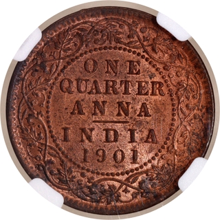 Scarce NGC MS 63 RB Graded Copper One Quarter Anna Coin of Victoria Empress of Calcutta Mint of 1901.