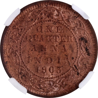 Rare NGC MS 64 RB Graded Copper One Quarter Anna Coin of King Edward VII of Calcutta Mint of 1903.