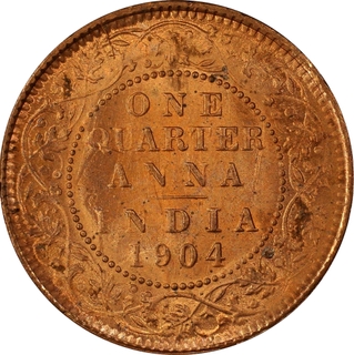 Extremely Rare PCGS MS 64 RD Graded Copper One Quarter Anna Coin of King Edward VII of Calcutta Mint of 1904.