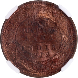 Very Rare NGC MS 65 RB Graded Bronze One Quarter Anna Coin of King George V of Calcutta Mint of 1912.