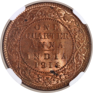 Rare NGC MS 65 RD Graded Bronze One Quarter Anna Coin of King George V of Calcutta Mint of 1914.