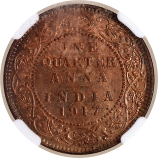 Rare NGC MS 65 RB Graded Bronze One Quarter Anna Coin of 1917 of Calcutta Mint of King George V.