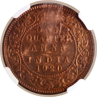 Rare NGC MS 65 RB Graded Bronze One Quarter Anna Coin of King George V of Calcutta Mint of 1920.