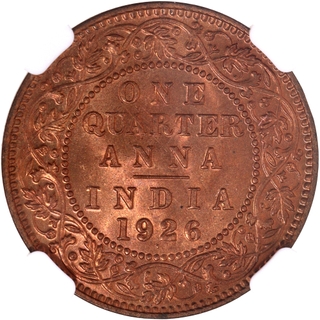 Very Rare NGC MS 67 RB Graded Bonze One Quarter Anna Coin of Bombay Mint of King George V of 1926.