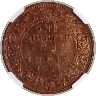 Scarce NGC MS 65 RD Graded Bronze One Quarter Anna Coin of King George V of Bombay Mint of 1927.