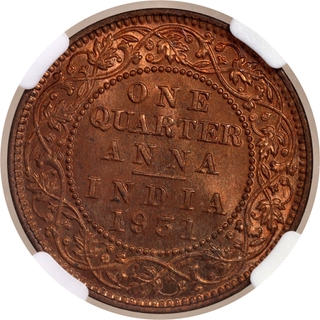 Extremely Rare NGC MS 65 RD Graded One Quarter Anna Coin of King George V of Calcutta Mint of 1931.