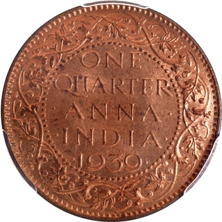 Very Rare PCGS MS 66 RD Graded Bronze One Quarter Anna Coin of King George VI of Bombay Mint of 1939.