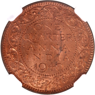 Scarce NGC MS 64 RB Graded Bronze One Quarter Anna Coin of King George VI of Bombay Mint of 1940.