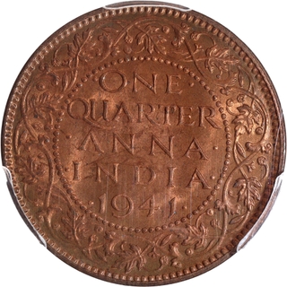 Rare PCGS MS 66 RD Graded Bronze One Quarter Anna Coin of King George VI of Calcutta Mint of 1941.