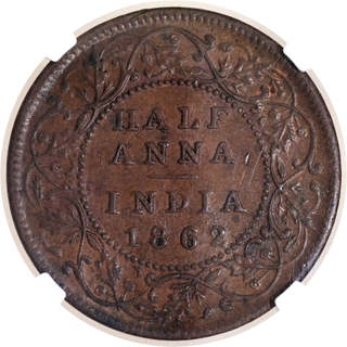 Very Rare NGC AU 58 BN Graded Copper Half Anna Coin of Victoria Queen of Madras Mint of 1862.