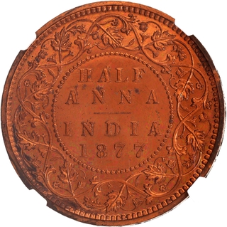 Extremely Rare Proof NGC PF 63 RD Graded Copper Half Anna Coin of Victoria Empress of Bombay Mint of 1877.