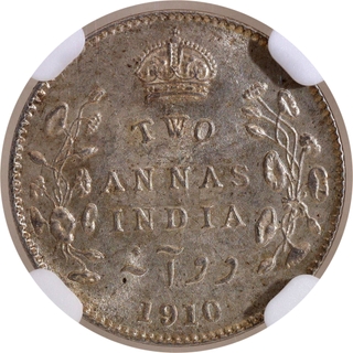 Scarce NGC MS 64 Graded Silver Two Annas Coin of King Edward VII of Calcutta Mint of 1910.