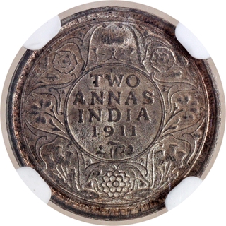 Extremely Rare NGC MS 63 Graded Silver Two Annas Coin of Calcutta Mint of King George V of 1911.