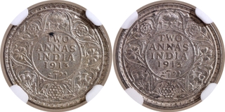 NGC MS 62 and 63 Graded Silver Two Annas Coins of King George V of Calcutta and Bombay Mint of 1913.