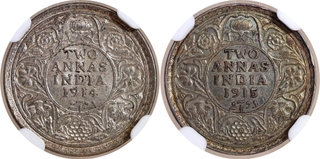 NGC MS 61 and 62 Graded Silver Two Annas Coins of King George V of Calcutta and Bombay Mint of 1914 and 1915.