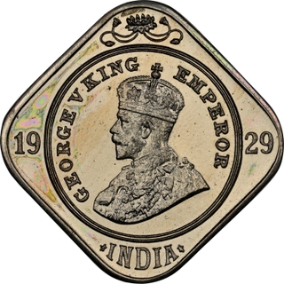 Extremely Rare NGC PF 64 Graded Cupro Nickel Two Annas Proof Restrike Coin of King George V of Calcutta Mint of 1929.