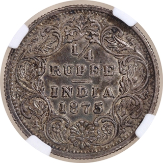 Scarce NGC AU 58 Graded Silver Quarter Rupee Coin of Victoria Queen of Bombay Mint of 1875.