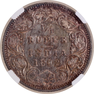 Rare NGC MS 61 Graded Silver Quarter Rupee Coin of Victoria Empress of Bombay Mint of 1892.