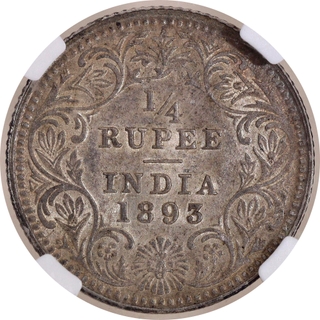 Rare NGC MS 61 Graded Silver Quarter Rupee Coin of Victoria Empress of Calcutta Mint of 1893.