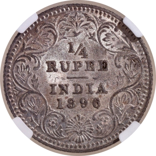 Rare NGC MS 61 Graded Silver Quarter Rupee Coin of Victoria Empress of Calcutta Mint of 1896.