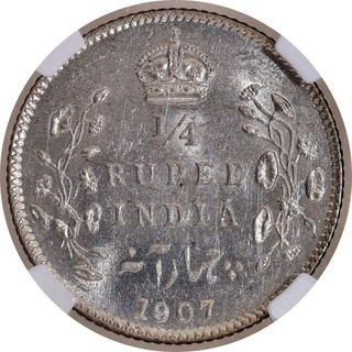 Scarce NGC MS 62 Graded Silver Quarter Rupee Coin of King Edward VII of Calcutta Mint of 1907.