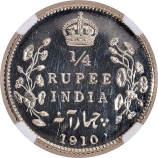 Exceedingly Rare NGC PF 63 Graded Silver Quarter Rupee Proof Restrike Coin of King Edward VII of Bombay Mint of 1910.