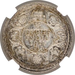 Extremely Rare NGC AU 55 Graded Silver Quarter Rupee Coin of King George V of Calcutta Mint of 1911.