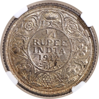 Very Rare NGC MS 64+ Graded Silver Quarter Rupee Coin of King George V of Bombay Mint of 1912.