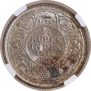 Very Rare NGC MS 65 Graded Silver Quarter Rupee Coin of King George V of Bombay Mint of 1912.