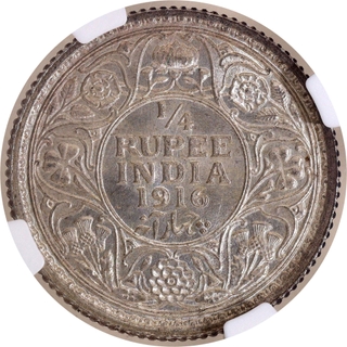 Scarce NGC MS 62 Graded Silver Quarter Rupee Coin of King George V of Calcutta Mint of 1916.