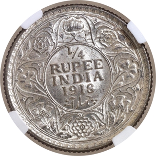 Scarce NGC MS 64 Graded Silver Quarter Rupee Coin of King George V of Calcutta Mint of 1918.