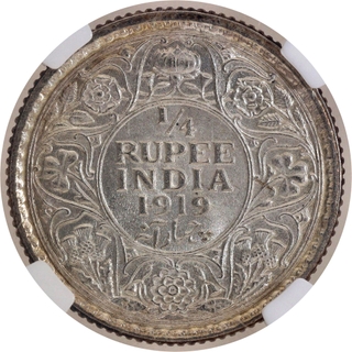 Scarce NGC MS 63 Graded Silver Quarter Rupee Coin of King George V of Calcutta Mint of 1919.